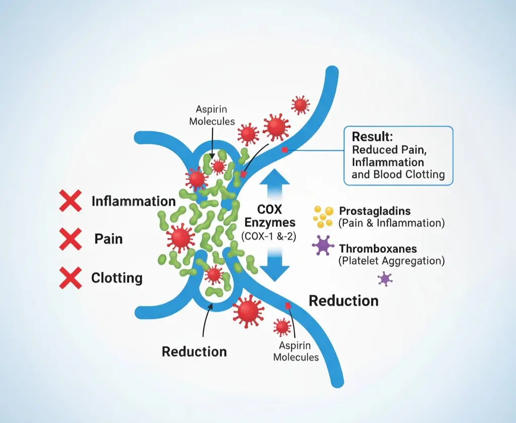 "اسبرين ينتمي إلى مجموعة مضادات الالتهاب غير الستيرويدية (NSAIDs) ويعمل عن طريق تثبيط إنزيم COX (Cyclooxygenase)، المسؤول عن إنتاج البرساجلاندينات، وهي مواد كيميائية تسبب الألم، الالتهاب، والحمى."