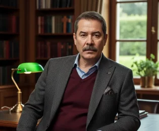 "الممثل فكرت كوشكان في دور عمر من مسلسل تحت نفس المطر، يظهر بتعبيرات وجه حازمة بملابس رسمية."