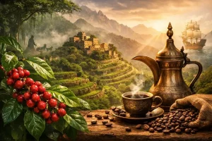 قصة اكتشاف القهوة في اليمن وإثيوبيا الحقيقية: رحلة الذهب الأسود من الأسطورة إلى الفنجان