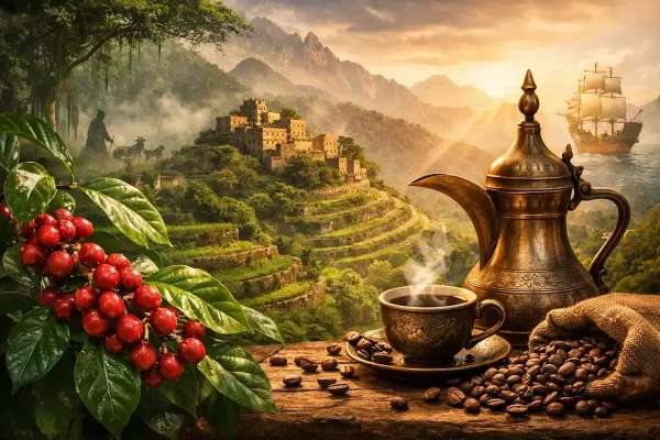 قصة اكتشاف القهوة في اليمن وإثيوبيا الحقيقية: رحلة الذهب الأسود من الأسطورة إلى الفنجان